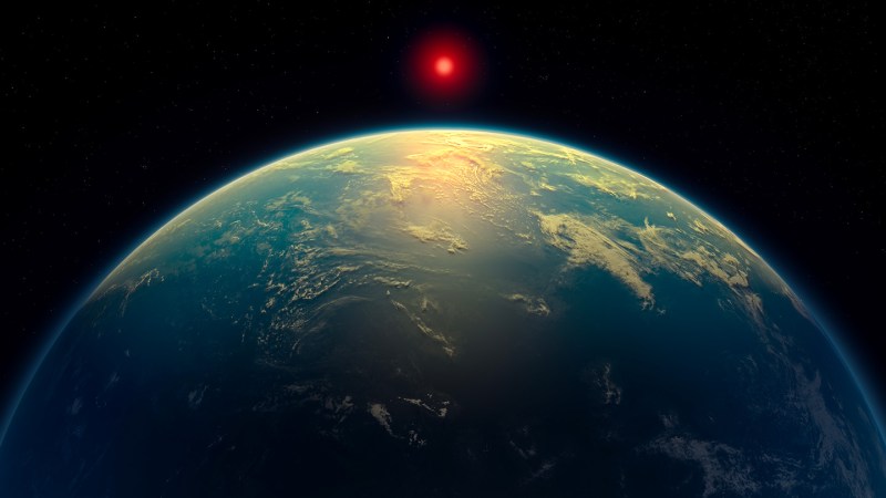A view of a blue planet from space, with sunlight illuminating its atmosphere and clouds, and a glowing red star visible in the distance against a backdrop of stars.